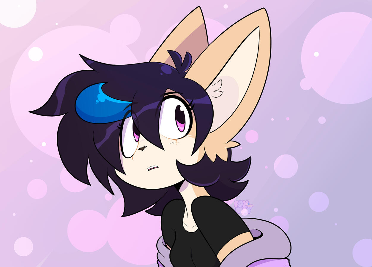 Fox the fennec, looks surprised at something off to her side. she has wild black hair tinted blue and purple, with a bright blue cowlick popping out. Her eyes are large and pink, behind her is an abstract environment made largely out of pink white and purp